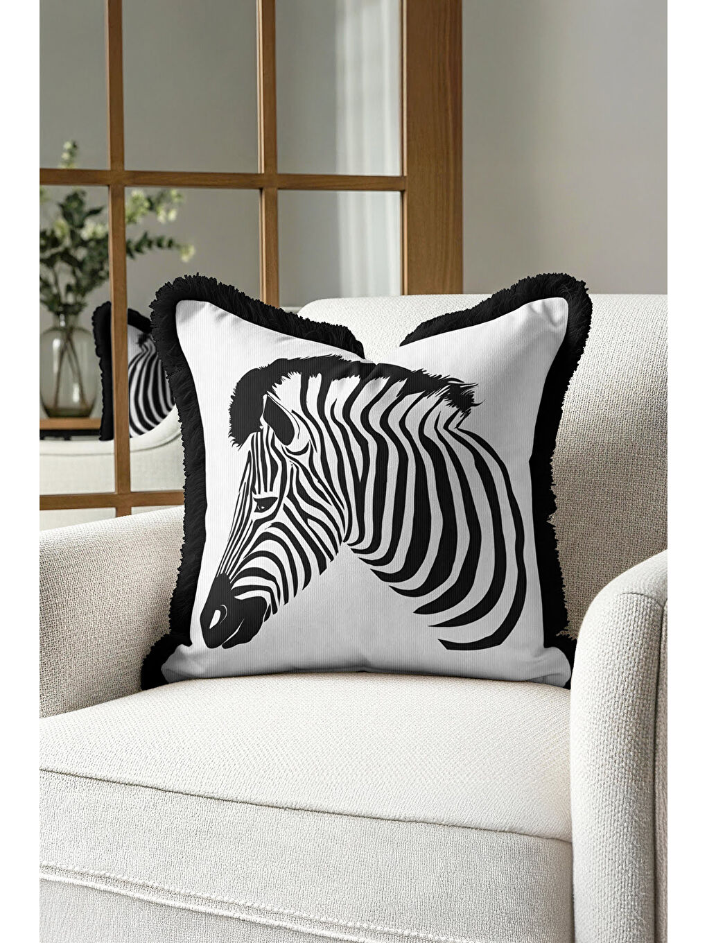 Karışık Zebra Çizgili Saçaklı Yastık Kılıfı - Siyah Beyaz Safari Etnik Klasik Püsküllü Kırlent Kılıfı-2