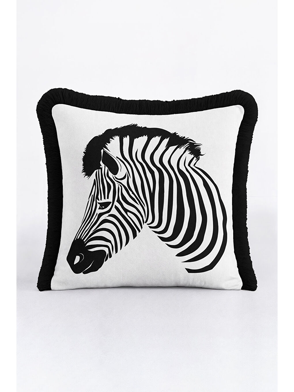 Karışık Zebra Çizgili Saçaklı Yastık Kılıfı - Siyah Beyaz Safari Etnik Klasik Püsküllü Kırlent Kılıfı-3