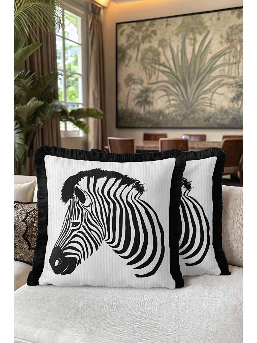 Karışık Zebra Çizgili Saçaklı Yastık Kılıfı - Siyah Beyaz Safari Etnik Klasik Püsküllü Kırlent Kılıfı-5