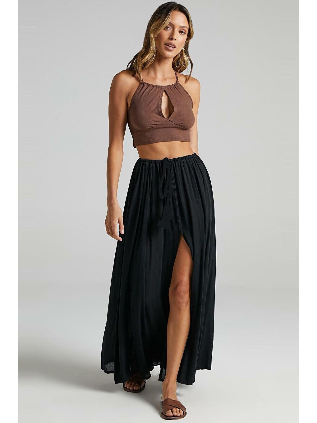 Siyah Beli Lastikli Yırtmaçlı Uzun Kadın Etek Mg2062-1