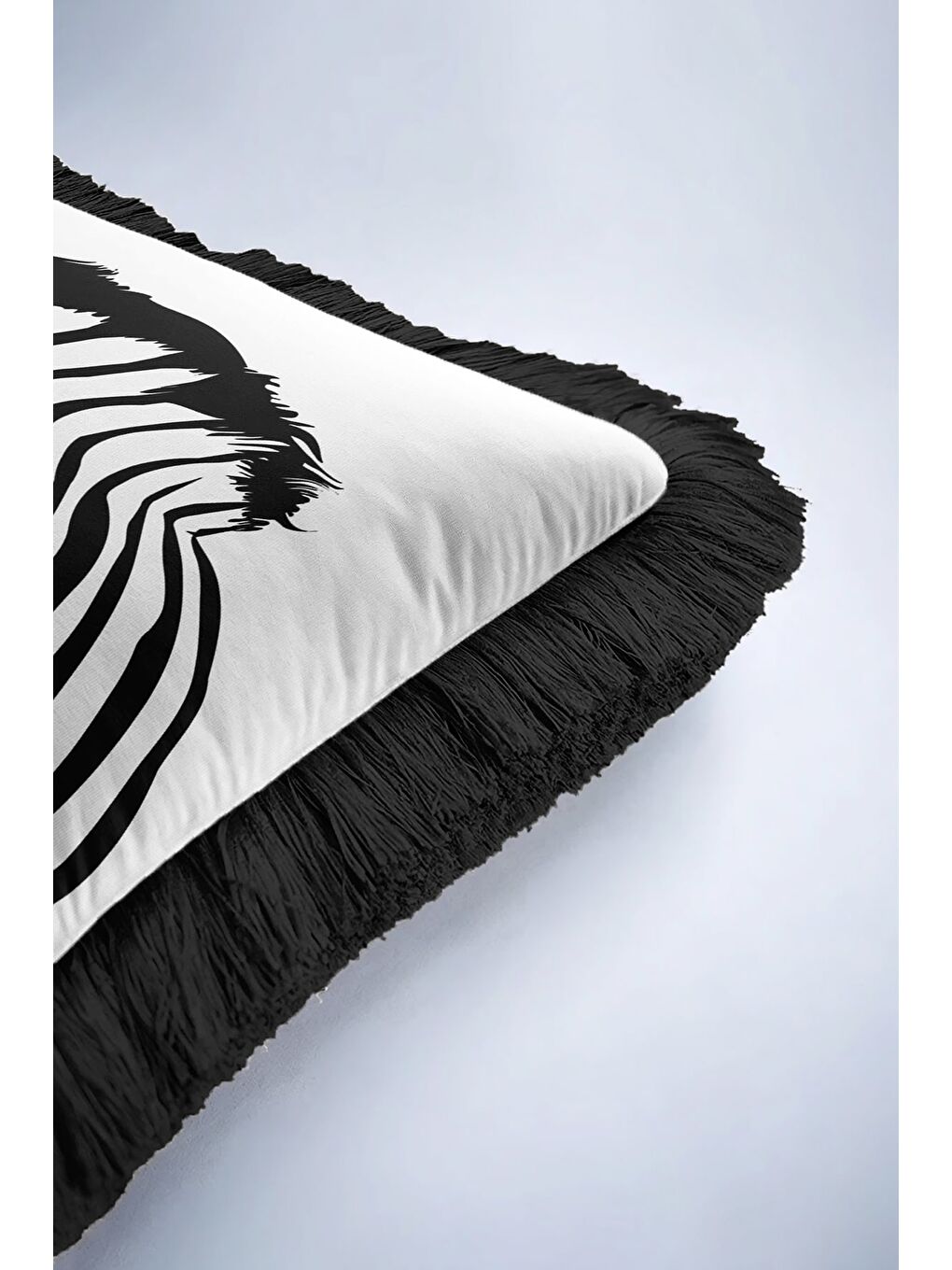 Karışık Zebra Çizgili Saçaklı Yastık Kılıfı - Siyah Beyaz Safari Etnik Klasik Püsküllü Kırlent Kılıfı-6