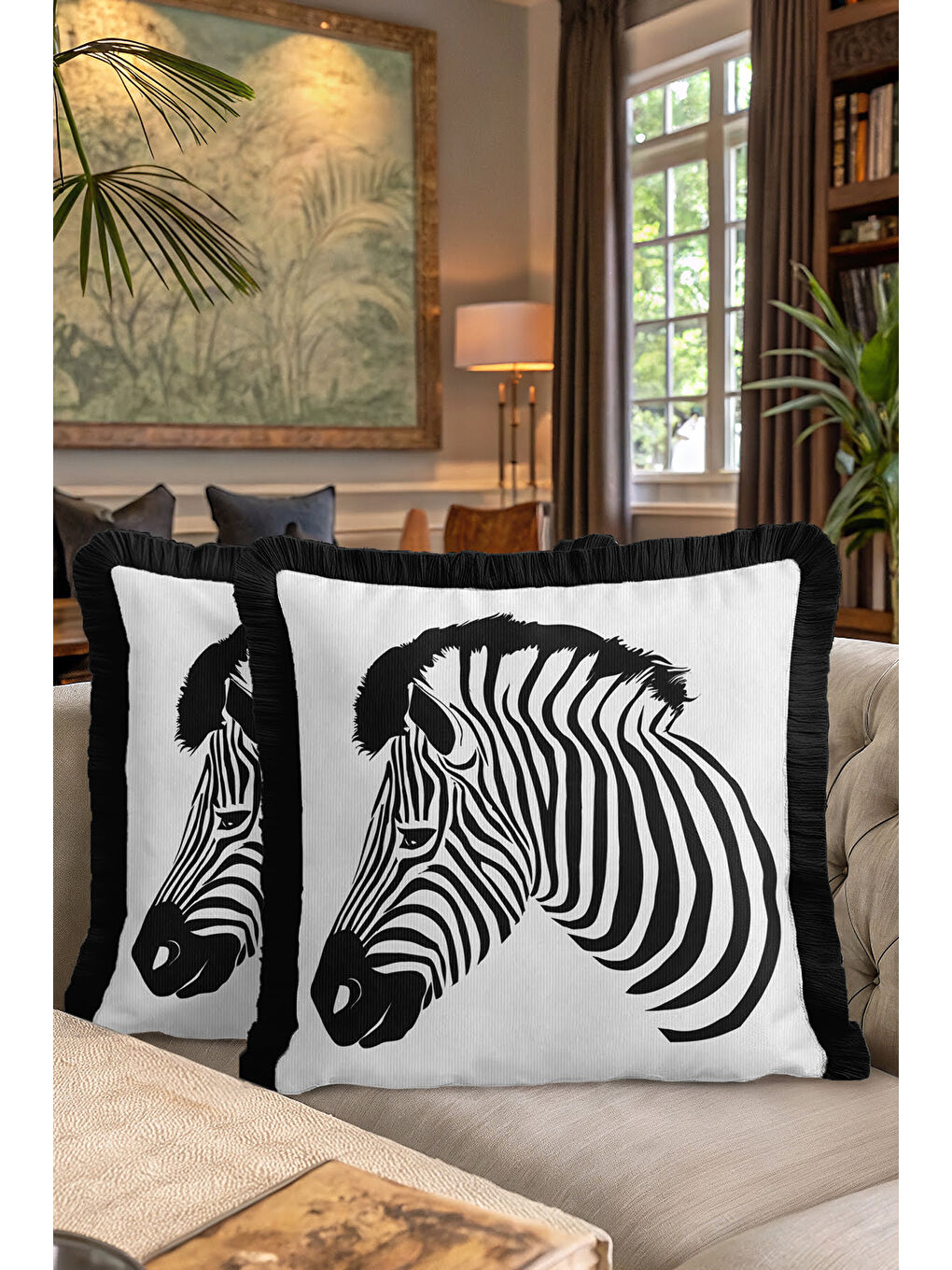 Karışık Zebra Çizgili Saçaklı Yastık Kılıfı - Siyah Beyaz Safari Etnik Klasik Püsküllü Kırlent Kılıfı-7