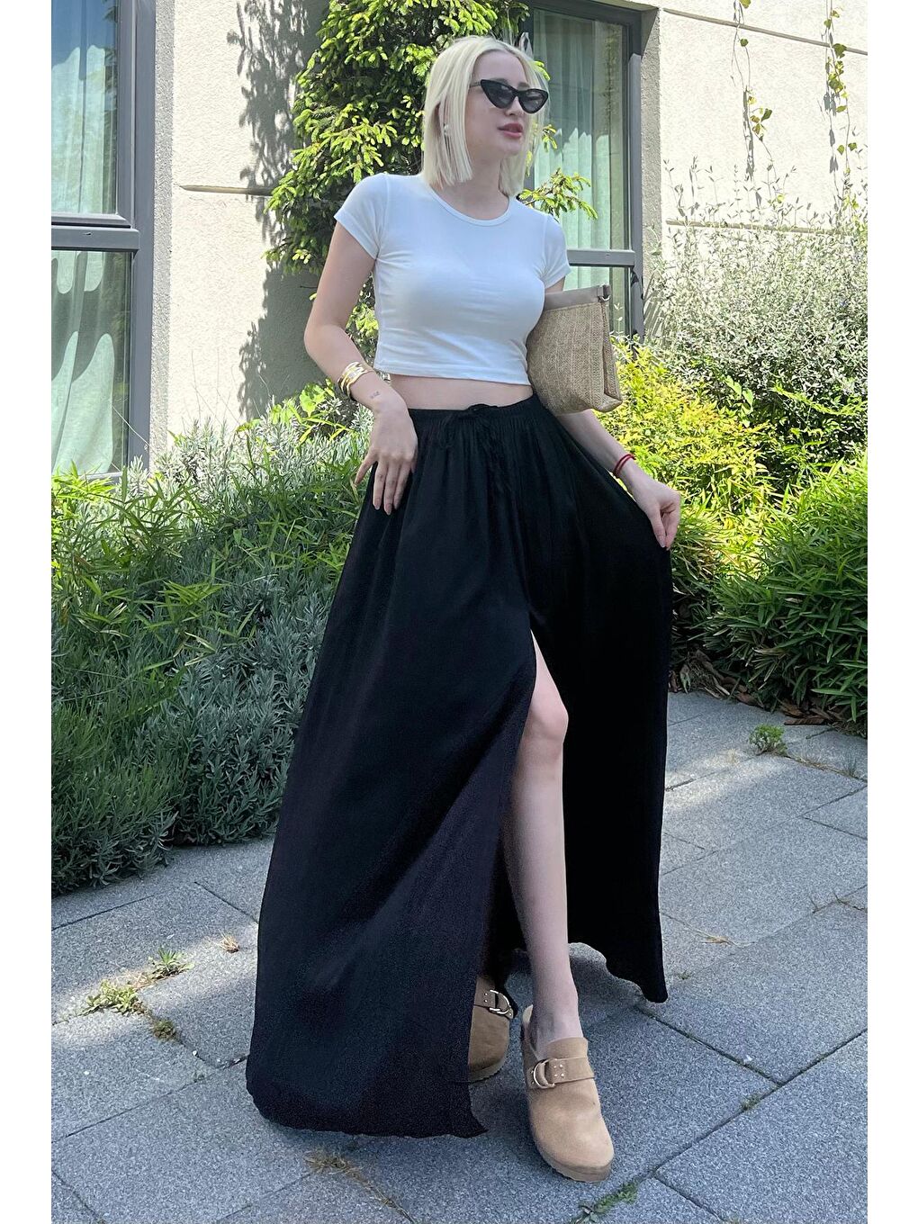 Siyah Beli Lastikli Yırtmaçlı Uzun Kadın Etek Mg2062-4