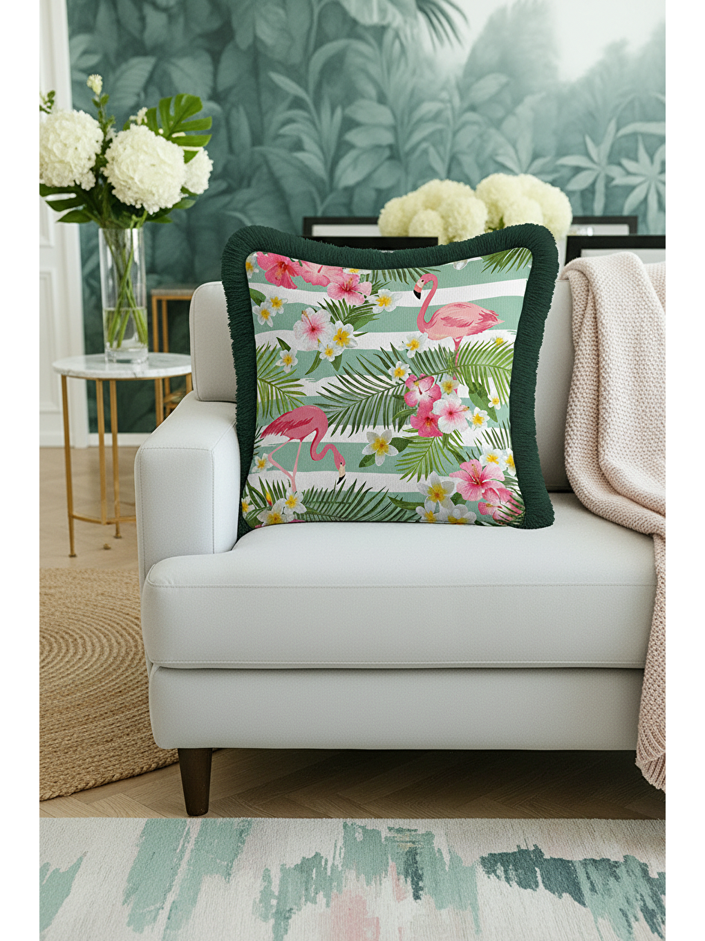Karışık Tropikal Çiçekli Flamingo Saçaklı Yastık Kılıfı - Bohem Yeşil Pembe Püsküllü Kırlent Kılıfı