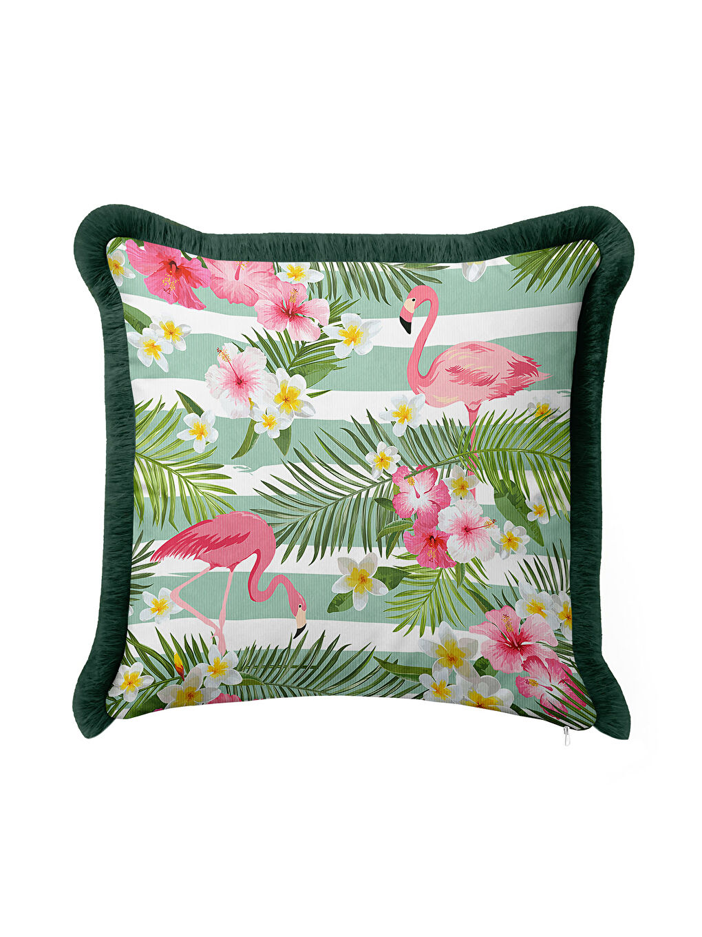 Karışık Tropikal Çiçekli Flamingo Saçaklı Yastık Kılıfı - Bohem Yeşil Pembe Püsküllü Kırlent Kılıfı-1