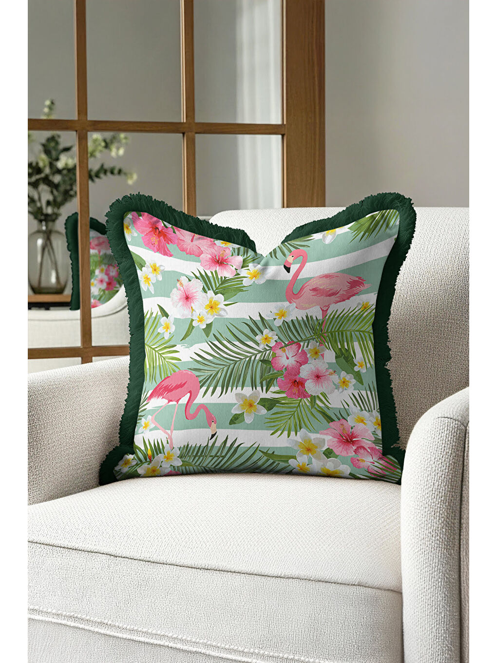 Karışık Tropikal Çiçekli Flamingo Saçaklı Yastık Kılıfı - Bohem Yeşil Pembe Püsküllü Kırlent Kılıfı-2