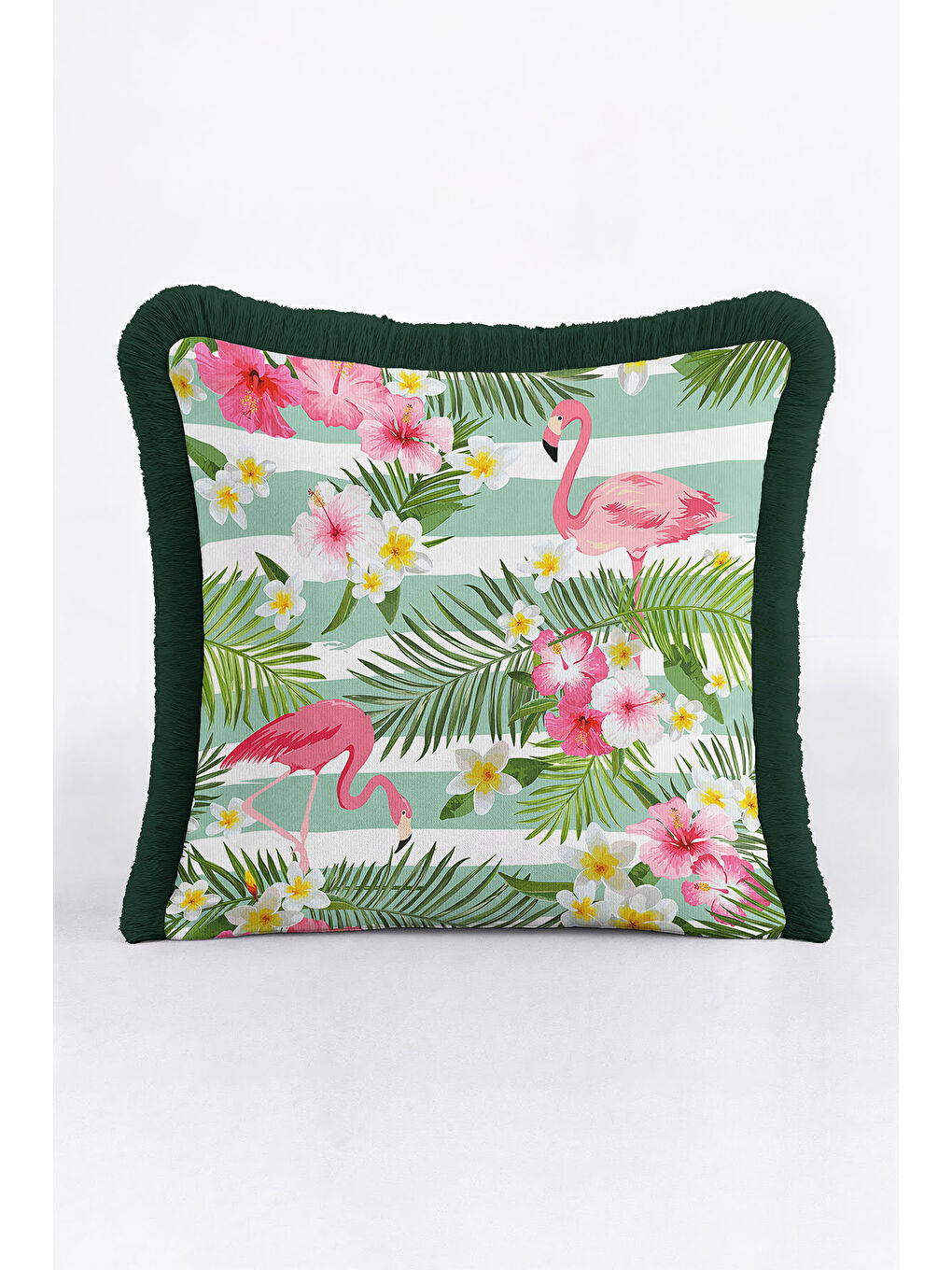 Karışık Tropikal Çiçekli Flamingo Saçaklı Yastık Kılıfı - Bohem Yeşil Pembe Püsküllü Kırlent Kılıfı-3