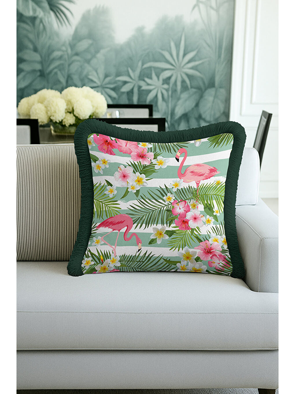 Karışık Tropikal Çiçekli Flamingo Saçaklı Yastık Kılıfı - Bohem Yeşil Pembe Püsküllü Kırlent Kılıfı-4