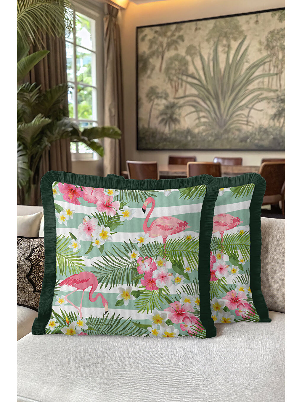 Karışık Tropikal Çiçekli Flamingo Saçaklı Yastık Kılıfı - Bohem Yeşil Pembe Püsküllü Kırlent Kılıfı-5