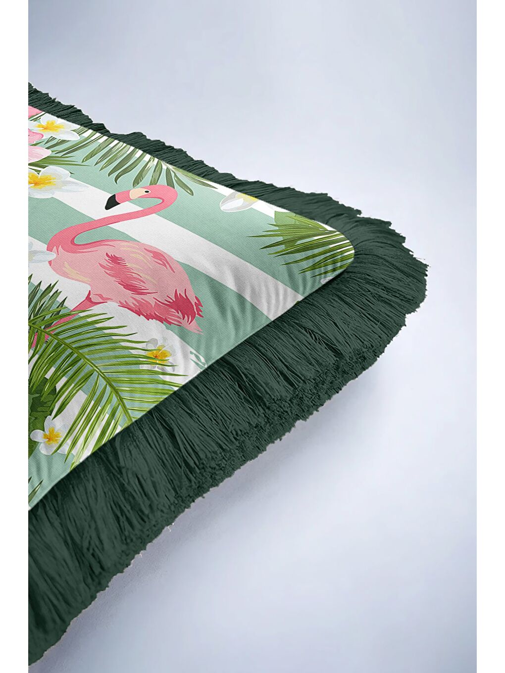 Karışık Tropikal Çiçekli Flamingo Saçaklı Yastık Kılıfı - Bohem Yeşil Pembe Püsküllü Kırlent Kılıfı-6