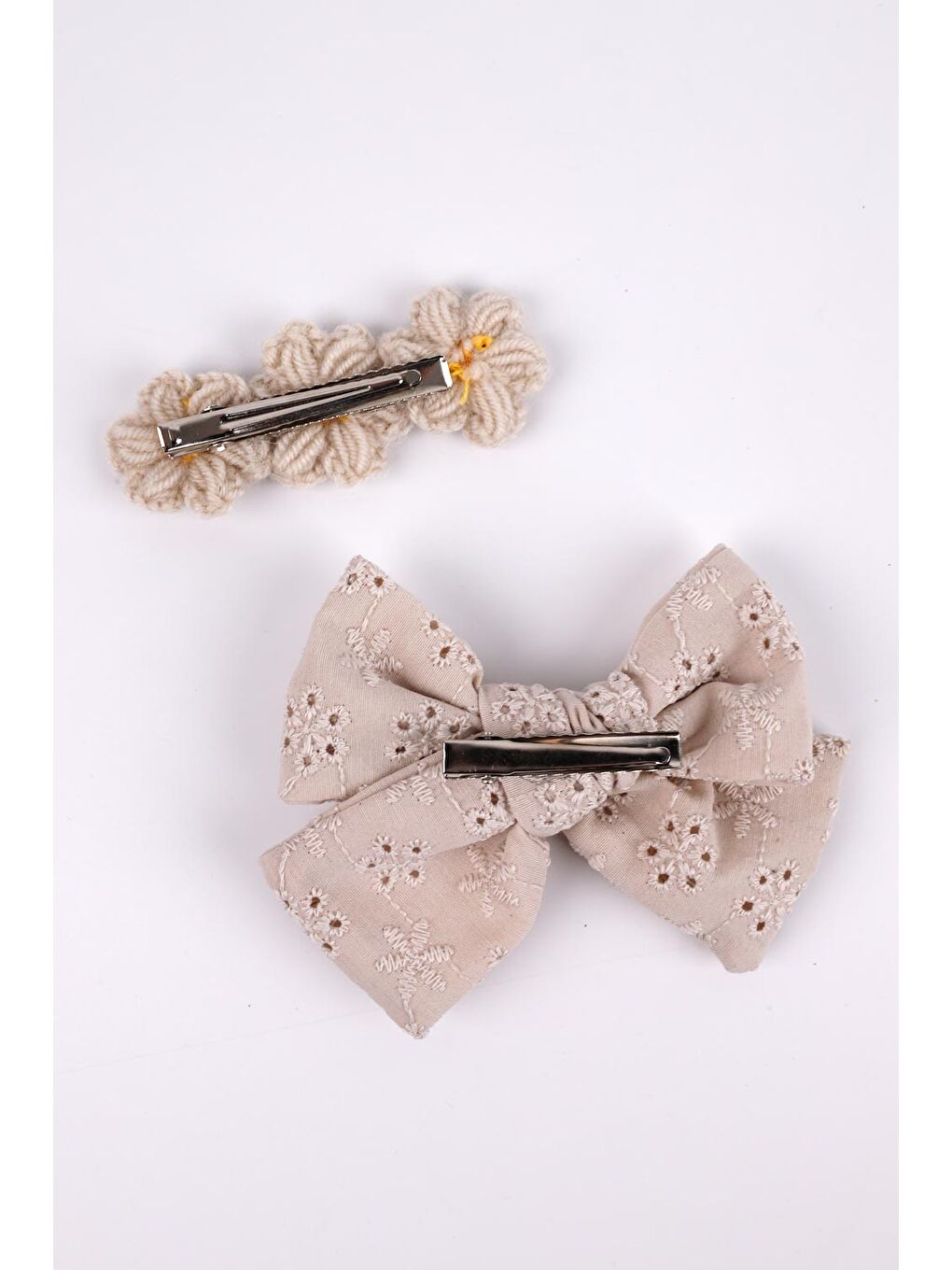 Bej Fisto Fiyonk Örgü Çiçek 2'li Klips Toka-2