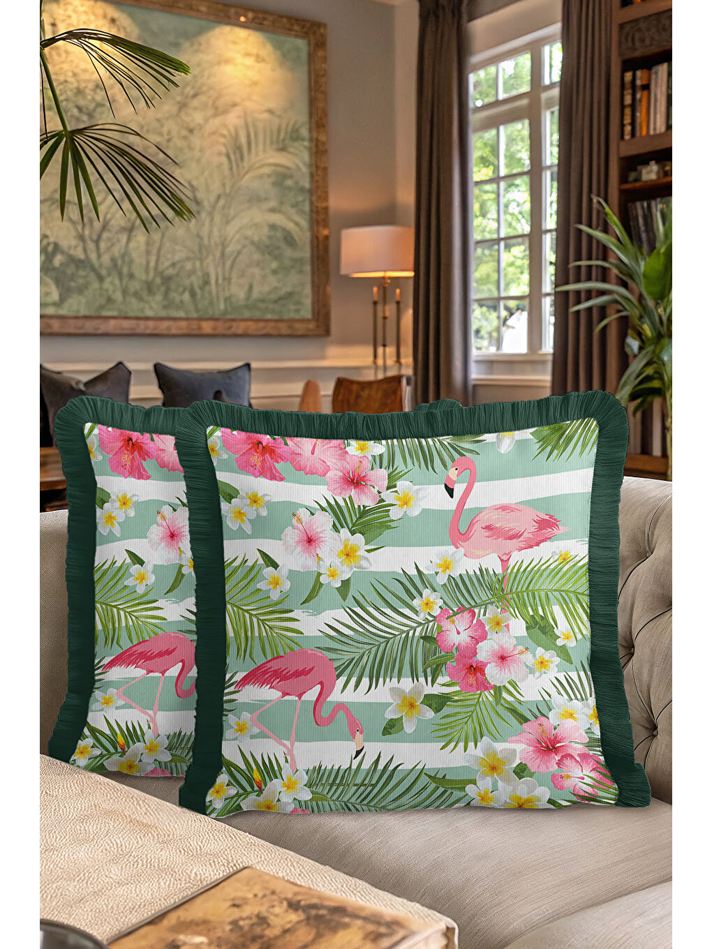 Karışık Tropikal Çiçekli Flamingo Saçaklı Yastık Kılıfı - Bohem Yeşil Pembe Püsküllü Kırlent Kılıfı-7