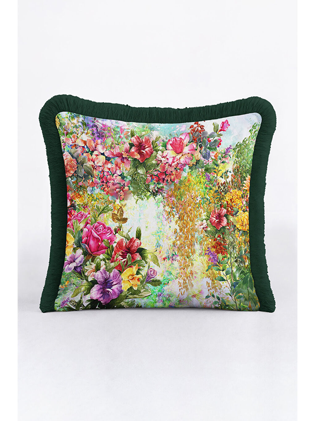 Karışık Lüks Çiçek Bahçesi Saçaklı Yastık Kılıfı - Canlı Botanik Retro Yeşil Püsküllü Kırlent Kılıfı-1