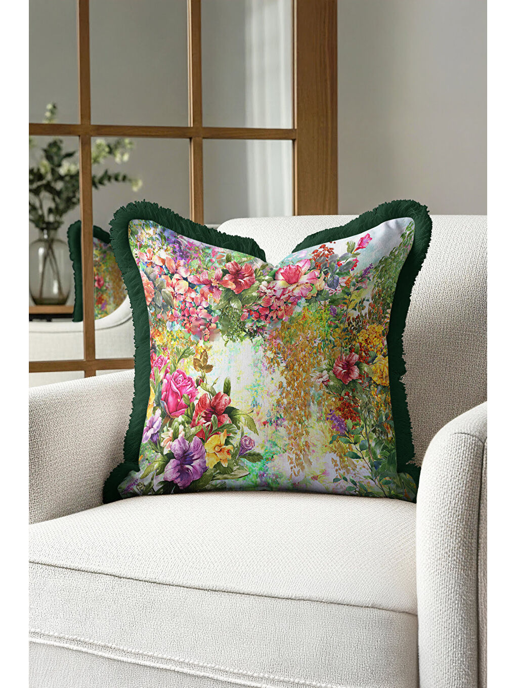 Karışık Lüks Çiçek Bahçesi Saçaklı Yastık Kılıfı - Canlı Botanik Retro Yeşil Püsküllü Kırlent Kılıfı-2