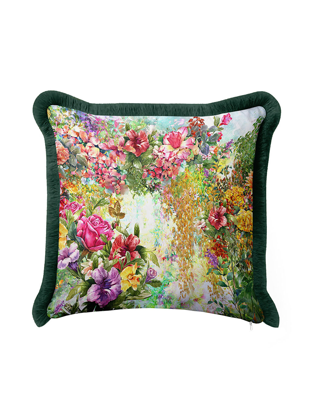 Karışık Lüks Çiçek Bahçesi Saçaklı Yastık Kılıfı - Canlı Botanik Retro Yeşil Püsküllü Kırlent Kılıfı-3