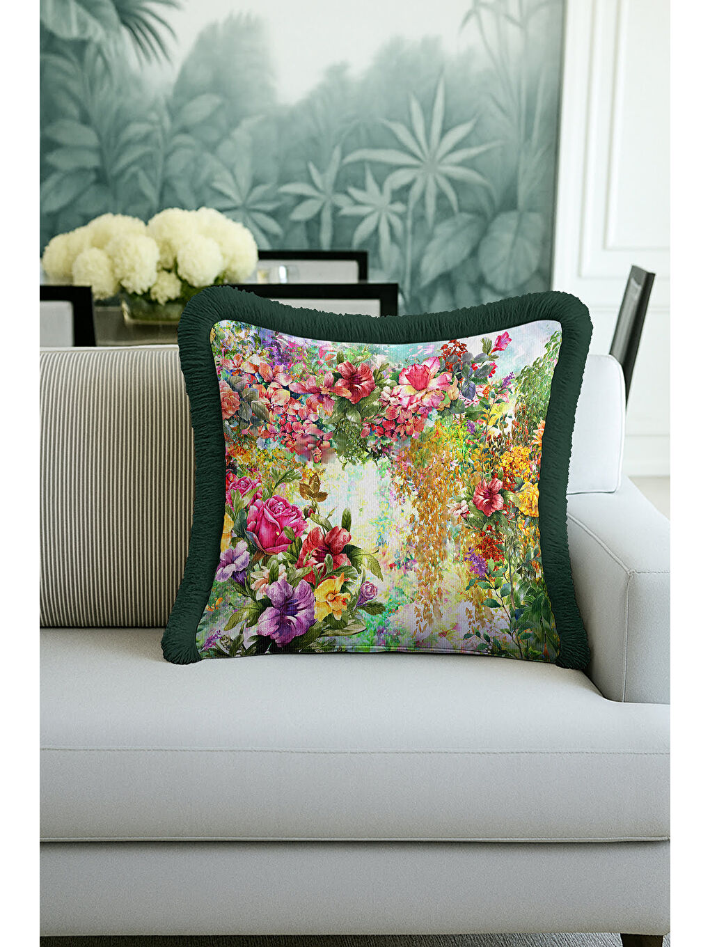 Karışık Lüks Çiçek Bahçesi Saçaklı Yastık Kılıfı - Canlı Botanik Retro Yeşil Püsküllü Kırlent Kılıfı-4