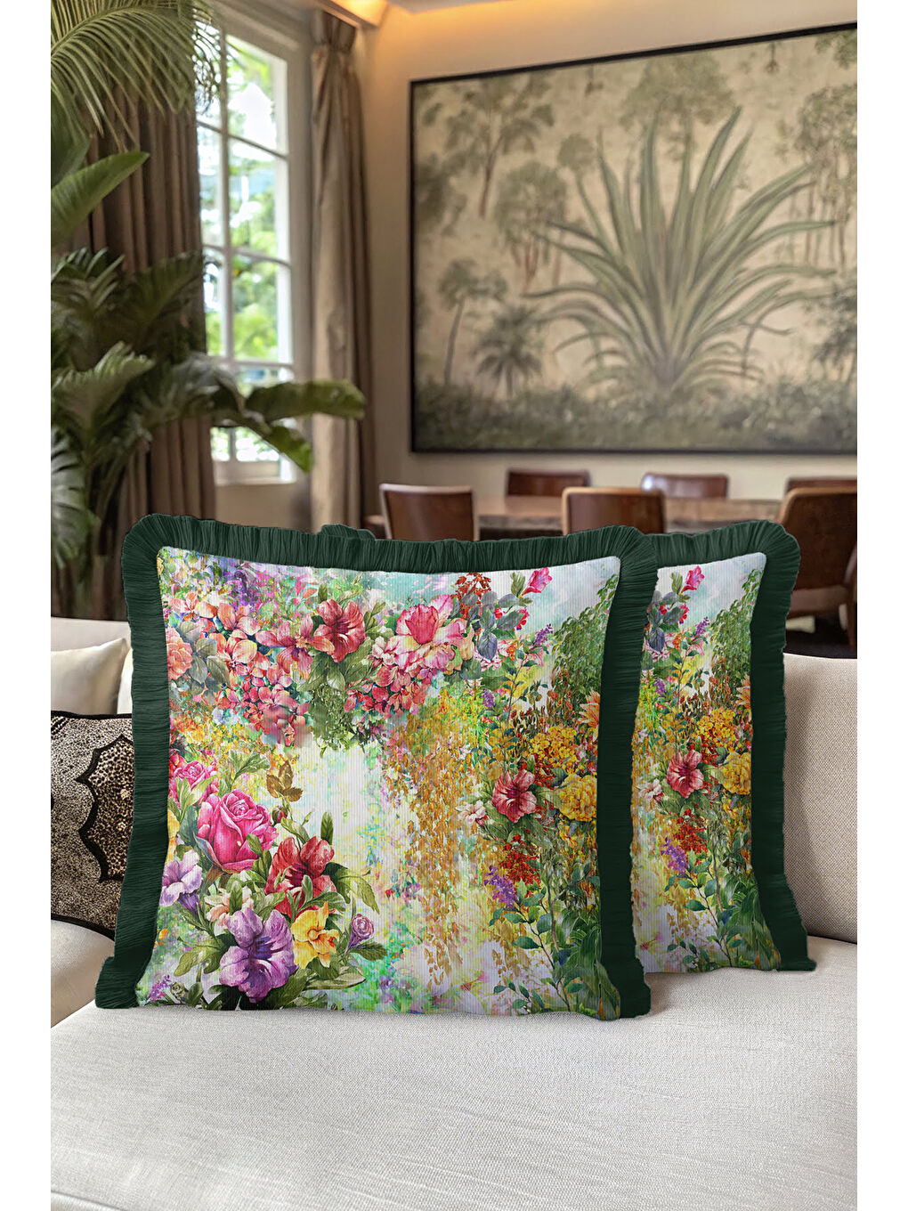 Karışık Lüks Çiçek Bahçesi Saçaklı Yastık Kılıfı - Canlı Botanik Retro Yeşil Püsküllü Kırlent Kılıfı-5