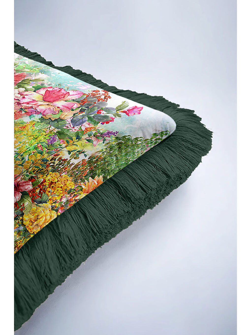 Karışık Lüks Çiçek Bahçesi Saçaklı Yastık Kılıfı - Canlı Botanik Retro Yeşil Püsküllü Kırlent Kılıfı-6