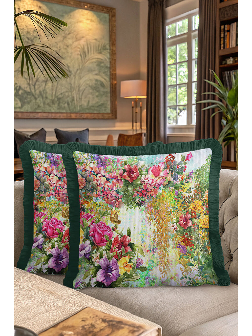 Karışık Lüks Çiçek Bahçesi Saçaklı Yastık Kılıfı - Canlı Botanik Retro Yeşil Püsküllü Kırlent Kılıfı-7