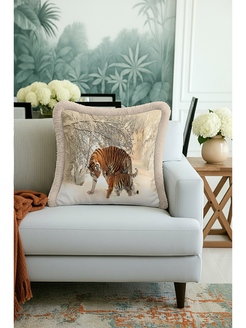 Karışık Vahşi Doğa Kaplan Temalı Saçaklı Yastık Kılıfı - Kış Ormanı Rustik Bej Püsküllü Kırlent Kılıfı-2