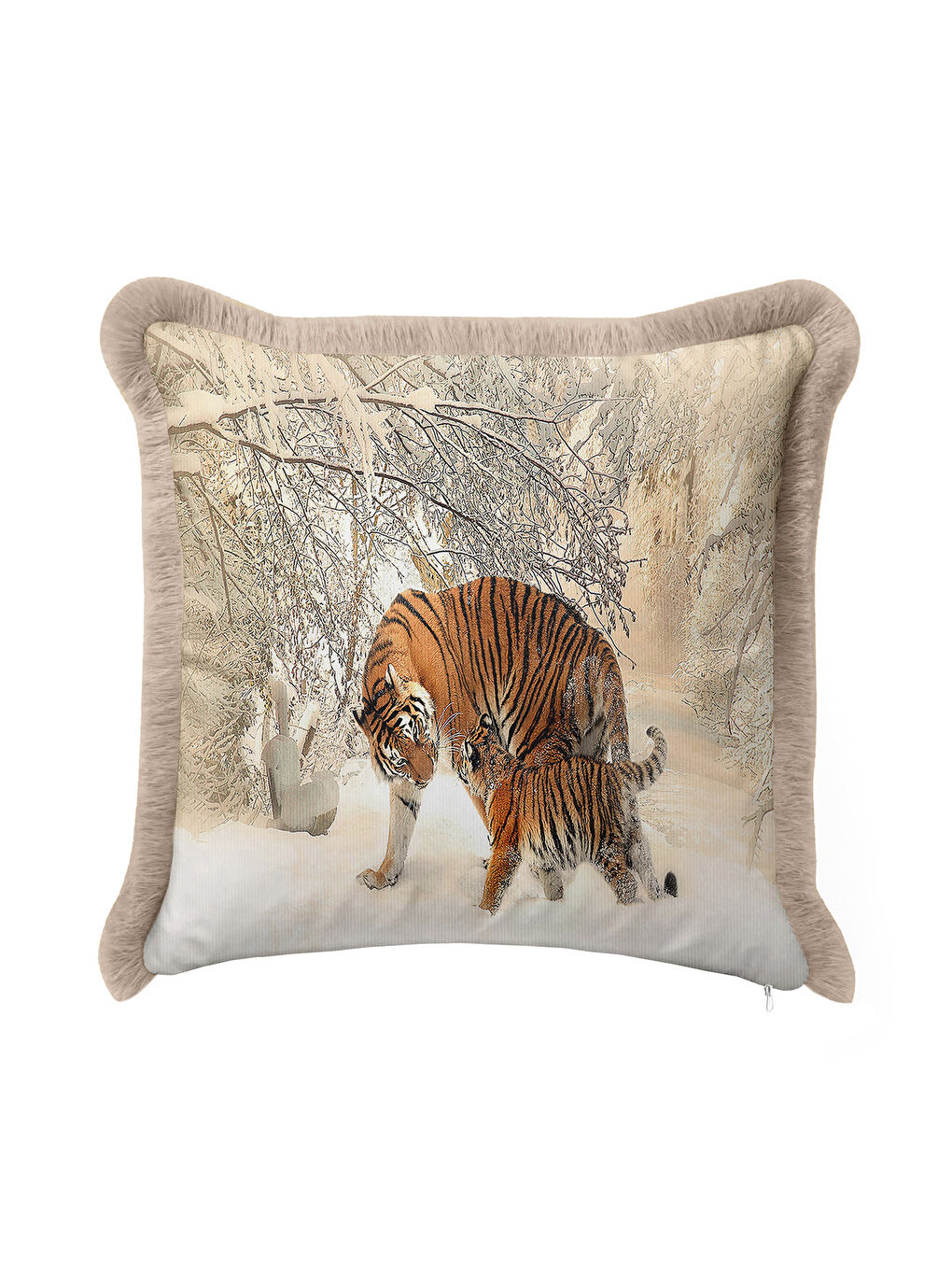 Karışık Vahşi Doğa Kaplan Temalı Saçaklı Yastık Kılıfı - Kış Ormanı Rustik Bej Püsküllü Kırlent Kılıfı-3
