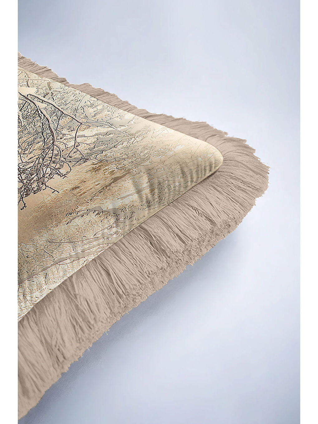 Karışık Vahşi Doğa Kaplan Temalı Saçaklı Yastık Kılıfı - Kış Ormanı Rustik Bej Püsküllü Kırlent Kılıfı-6