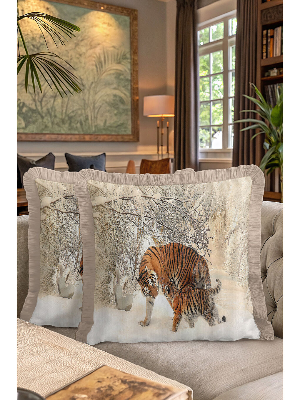 Karışık Vahşi Doğa Kaplan Temalı Saçaklı Yastık Kılıfı - Kış Ormanı Rustik Bej Püsküllü Kırlent Kılıfı-7