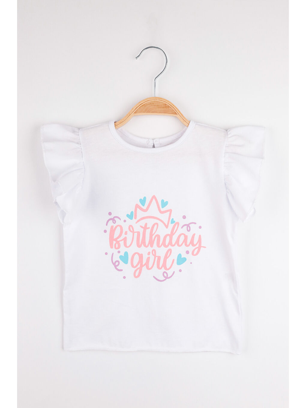 Beyaz Taçlı Birthday Girl Baskılı Kısa Kollu Kız Çocuk Tişört - Olena-1