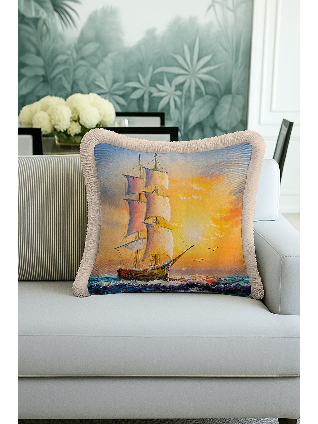 Karışık Marin Temalı Saçaklı Yastık Kılıfı - Günbatımı Seyahat Teması Bohem Mavi Bej Püsküllü Kırlent Kılıfı-1