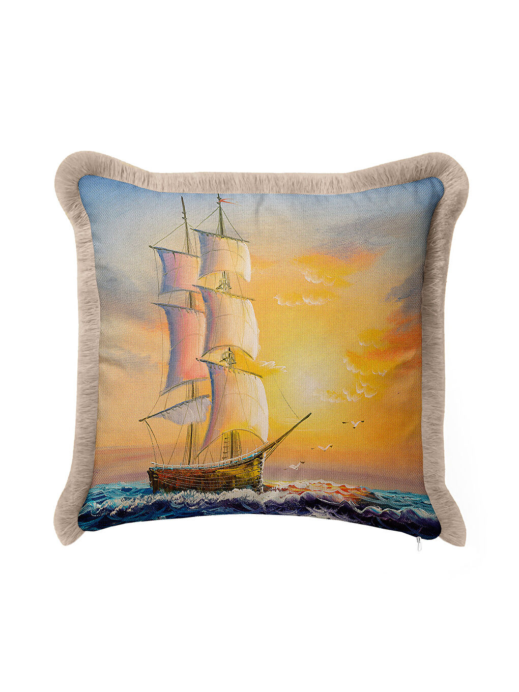 Karışık Marin Temalı Saçaklı Yastık Kılıfı - Günbatımı Seyahat Teması Bohem Mavi Bej Püsküllü Kırlent Kılıfı-2