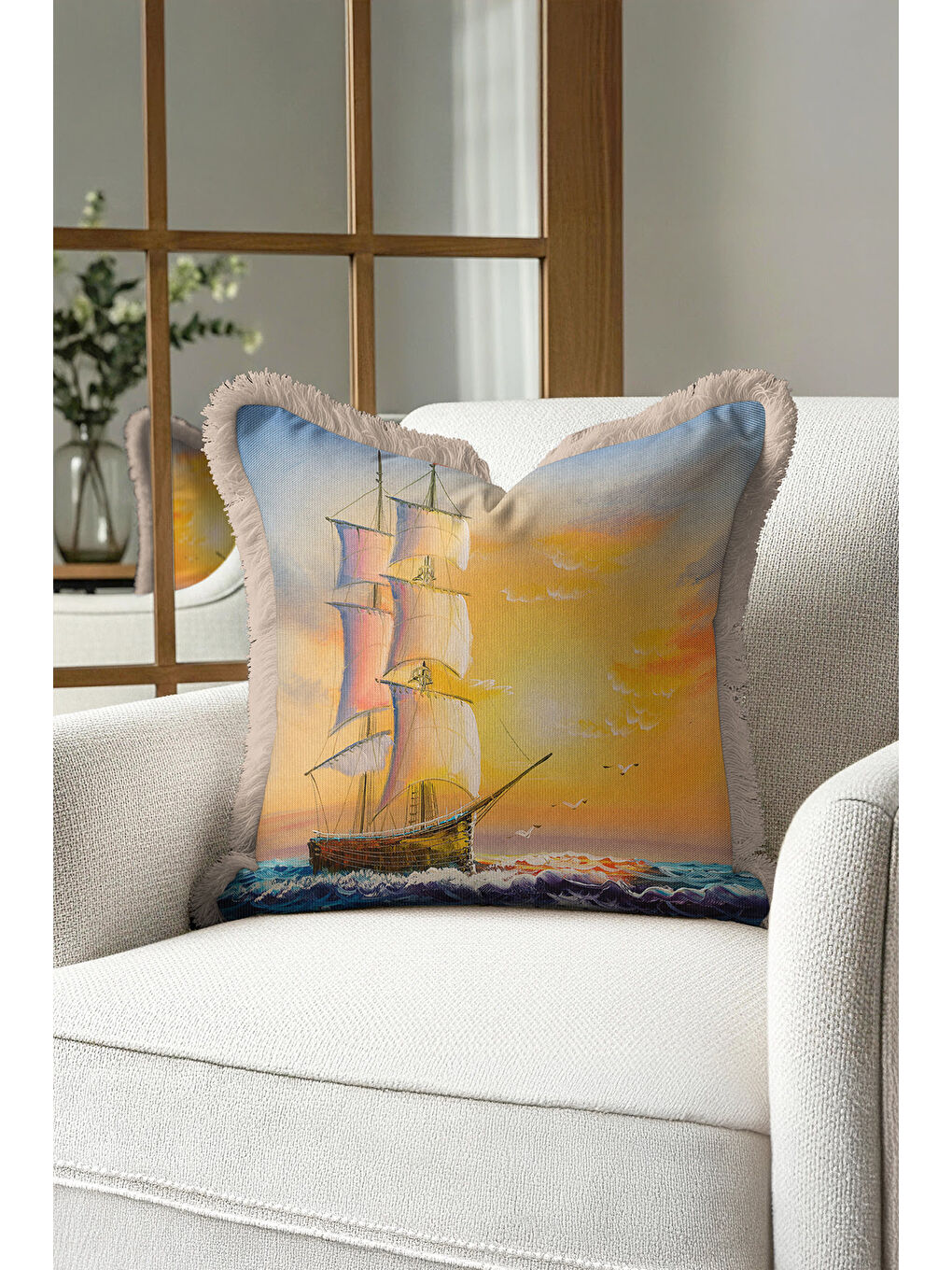 Karışık Marin Temalı Saçaklı Yastık Kılıfı - Günbatımı Seyahat Teması Bohem Mavi Bej Püsküllü Kırlent Kılıfı-3