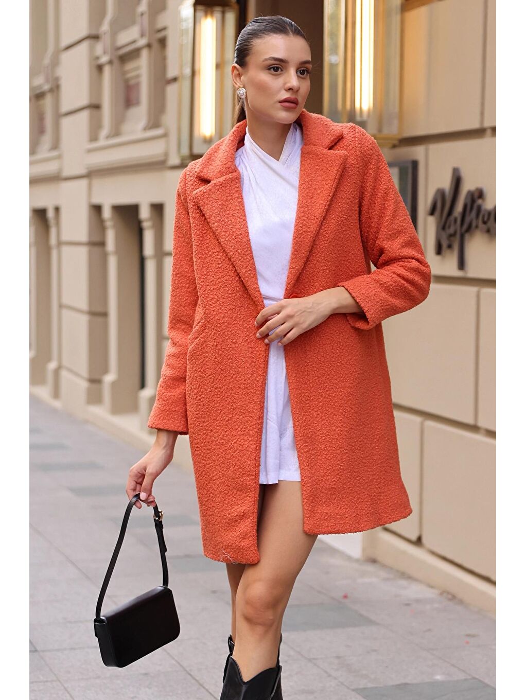 Açık Turuncu Tek Düğmeli Astarlı Cepli Buklet Kaşe Kaban-2