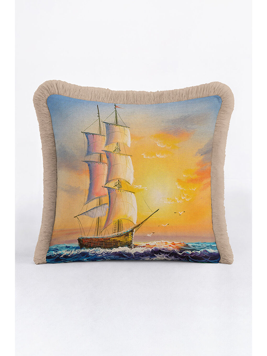 Karışık Marin Temalı Saçaklı Yastık Kılıfı - Günbatımı Seyahat Teması Bohem Mavi Bej Püsküllü Kırlent Kılıfı-4