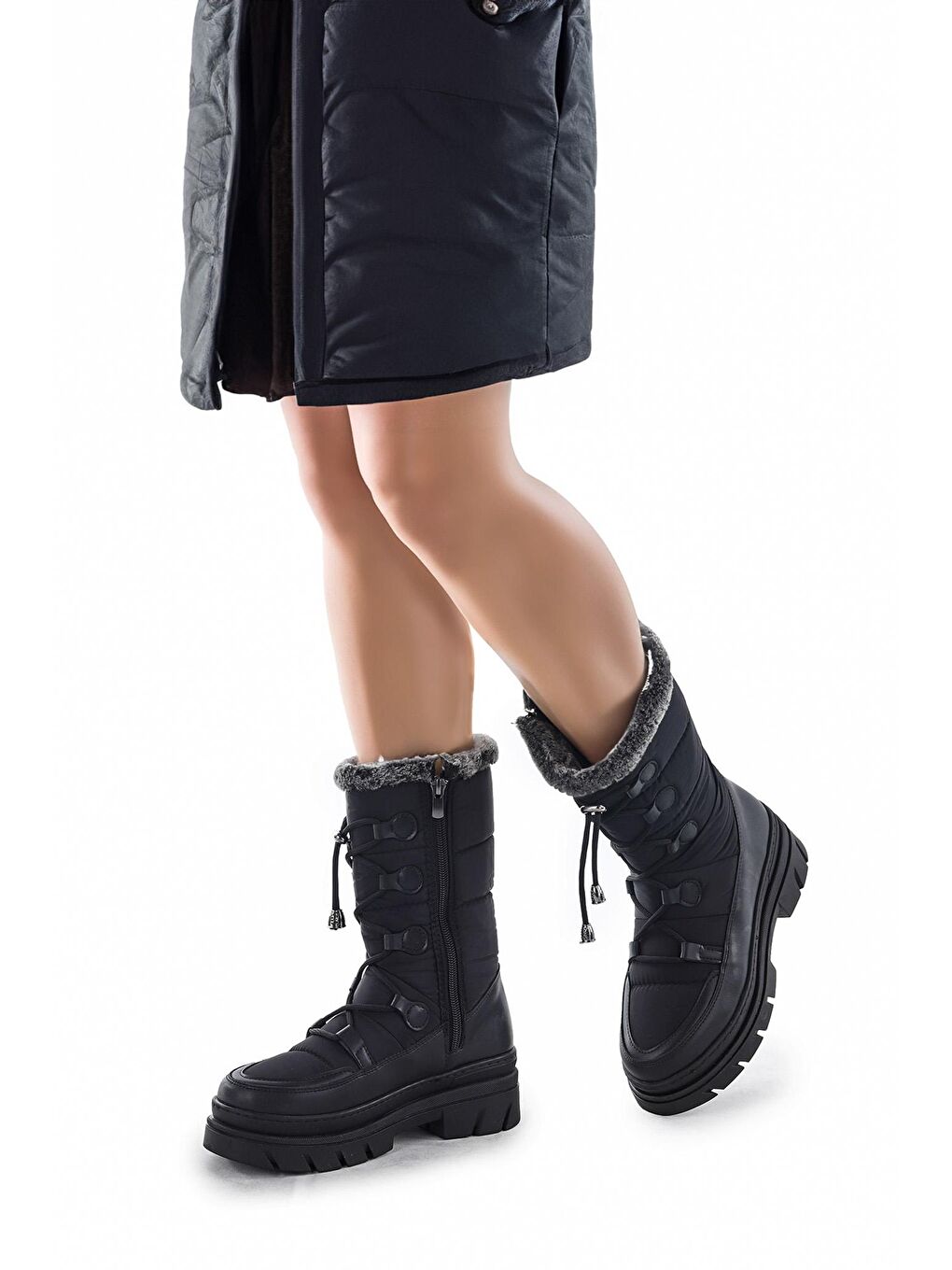 Siyah Fermuarlı Termo Taban Kadın Kar Bot Ayakkabı Fls 09-01-1