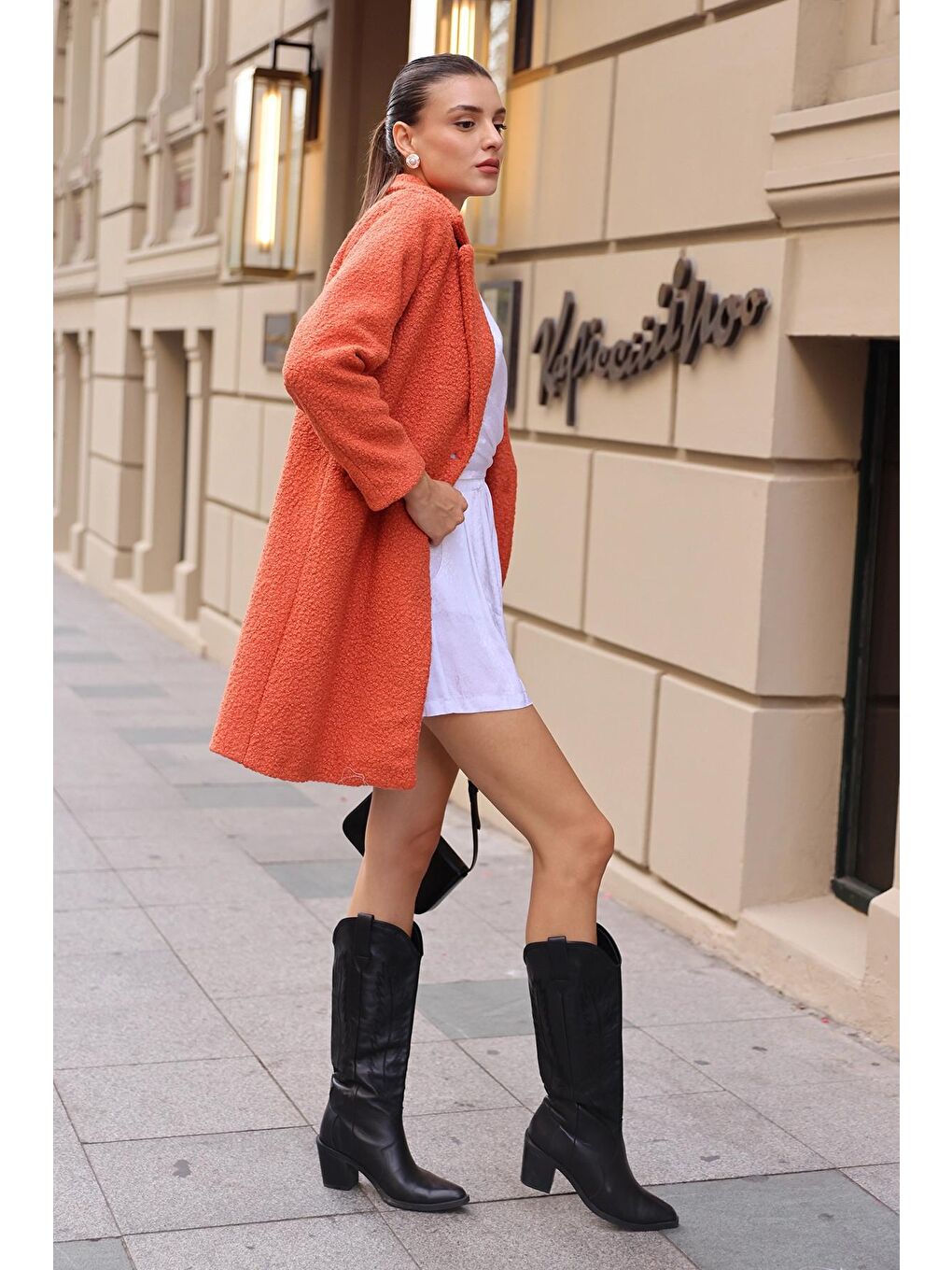 Açık Turuncu Tek Düğmeli Astarlı Cepli Buklet Kaşe Kaban-3