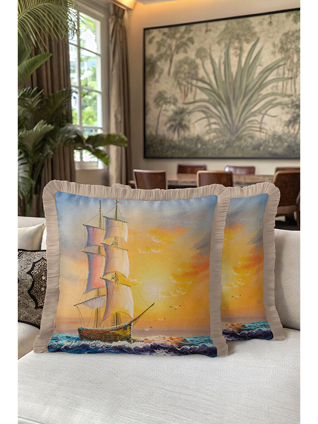 Karışık Marin Temalı Saçaklı Yastık Kılıfı - Günbatımı Seyahat Teması Bohem Mavi Bej Püsküllü Kırlent Kılıfı-5