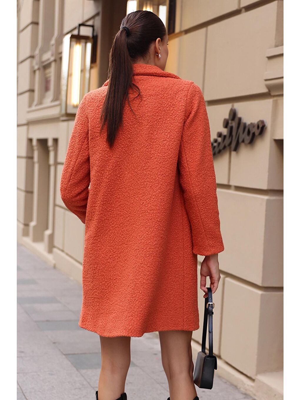 Açık Turuncu Tek Düğmeli Astarlı Cepli Buklet Kaşe Kaban-4