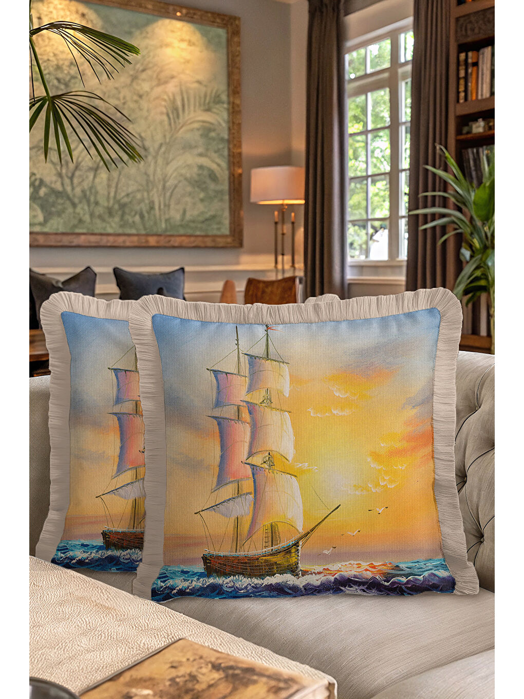 Karışık Marin Temalı Saçaklı Yastık Kılıfı - Günbatımı Seyahat Teması Bohem Mavi Bej Püsküllü Kırlent Kılıfı-7