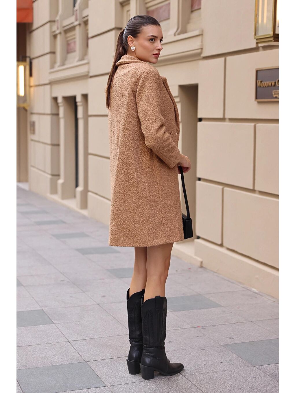 Pembe Gül Kurusu Tek Düğmeli Astarlı Cepli Buklet Kaşe Kaban-2