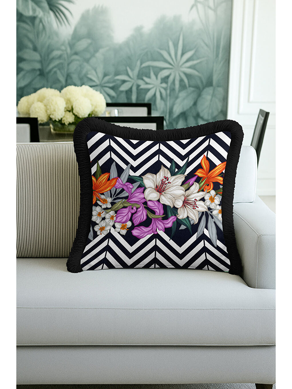 Karışık Lüks Çizgili Saçaklı Yastık Kılıfı - Çiçek Bahçesi Modern Siyah Püsküllü Kırlent Kılıfı