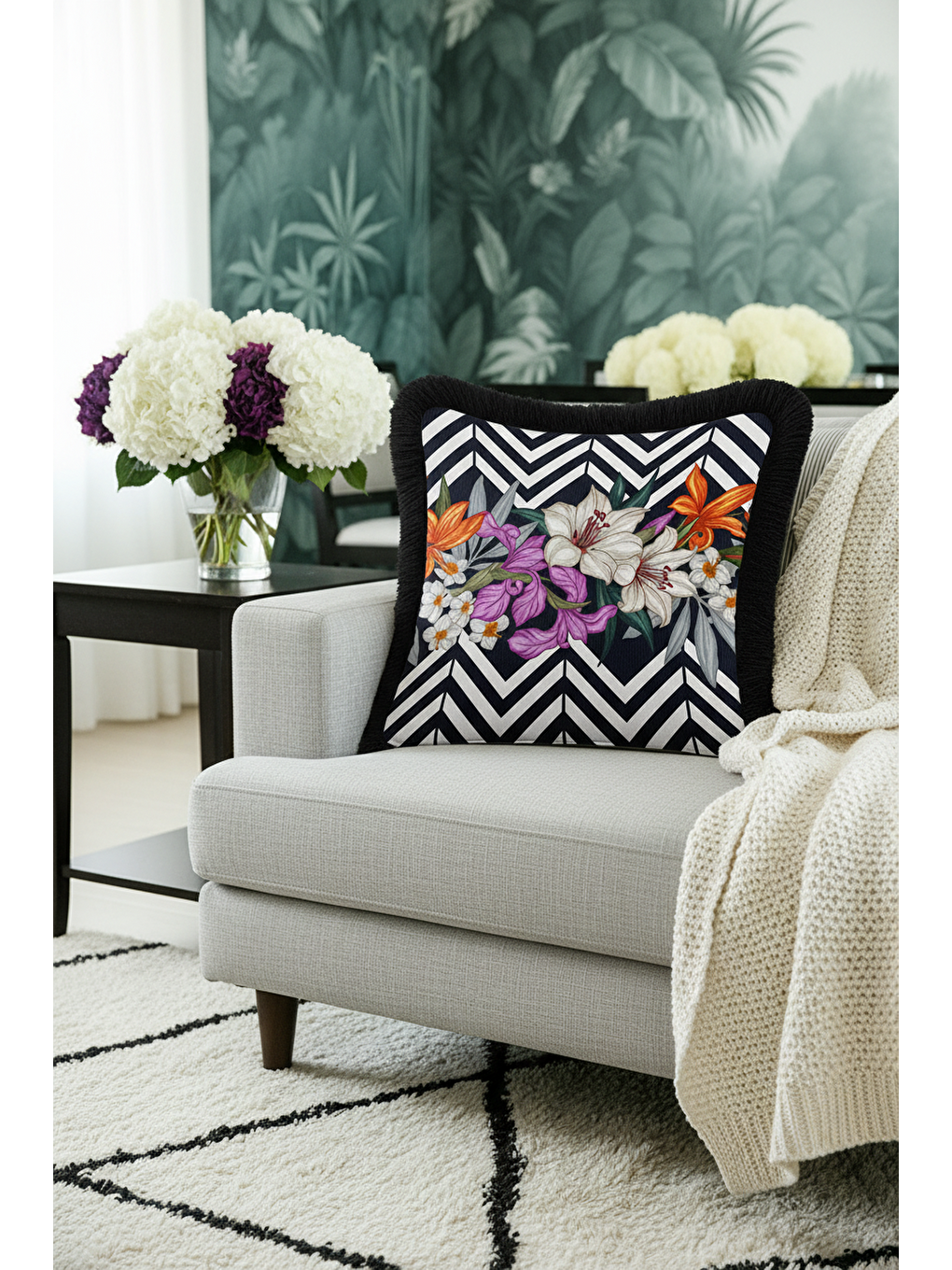 Karışık Lüks Çizgili Saçaklı Yastık Kılıfı - Çiçek Bahçesi Modern Siyah Püsküllü Kırlent Kılıfı-1