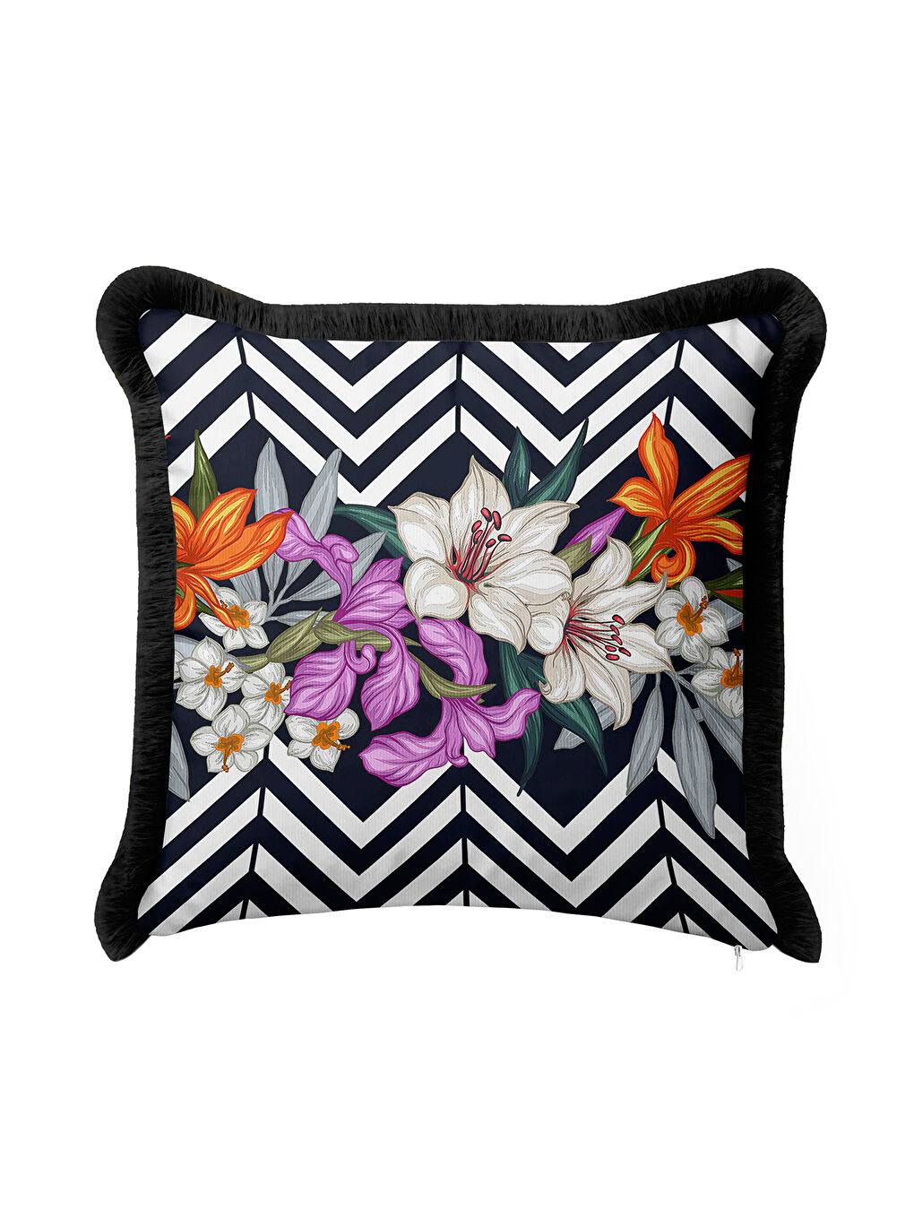 Karışık Lüks Çizgili Saçaklı Yastık Kılıfı - Çiçek Bahçesi Modern Siyah Püsküllü Kırlent Kılıfı-2