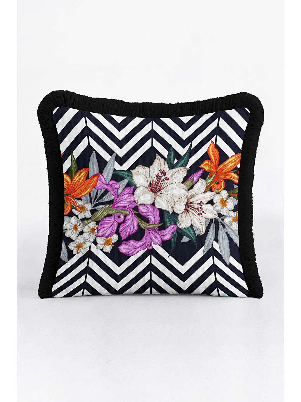 Karışık Lüks Çizgili Saçaklı Yastık Kılıfı - Çiçek Bahçesi Modern Siyah Püsküllü Kırlent Kılıfı-4
