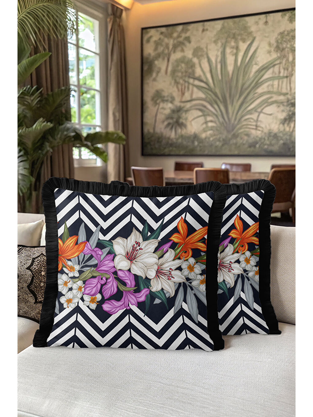 Karışık Lüks Çizgili Saçaklı Yastık Kılıfı - Çiçek Bahçesi Modern Siyah Püsküllü Kırlent Kılıfı-5