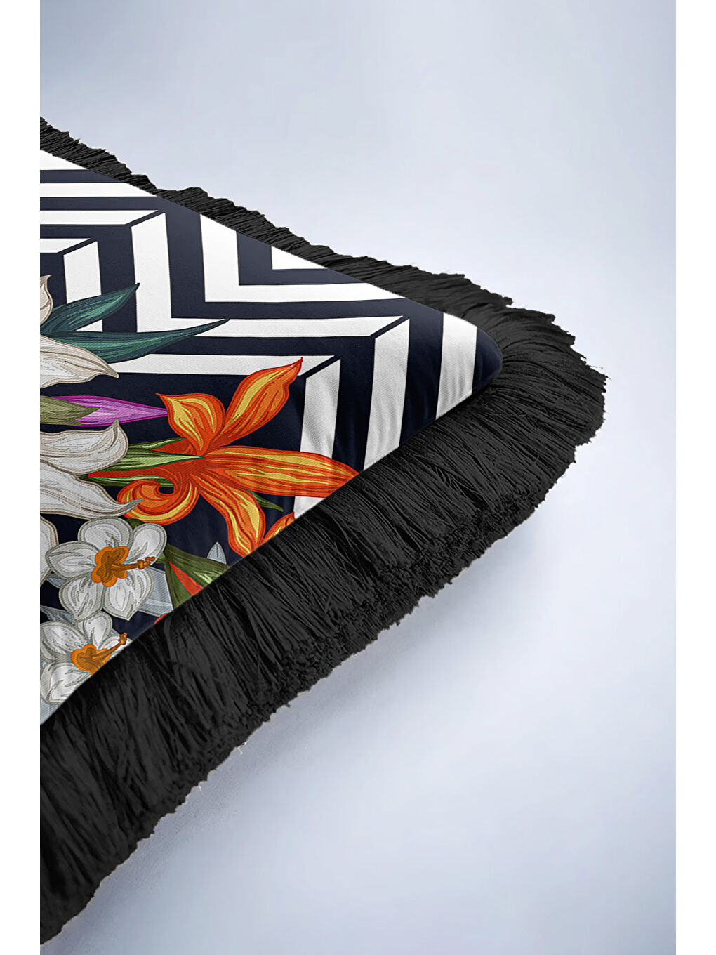Karışık Lüks Çizgili Saçaklı Yastık Kılıfı - Çiçek Bahçesi Modern Siyah Püsküllü Kırlent Kılıfı-6