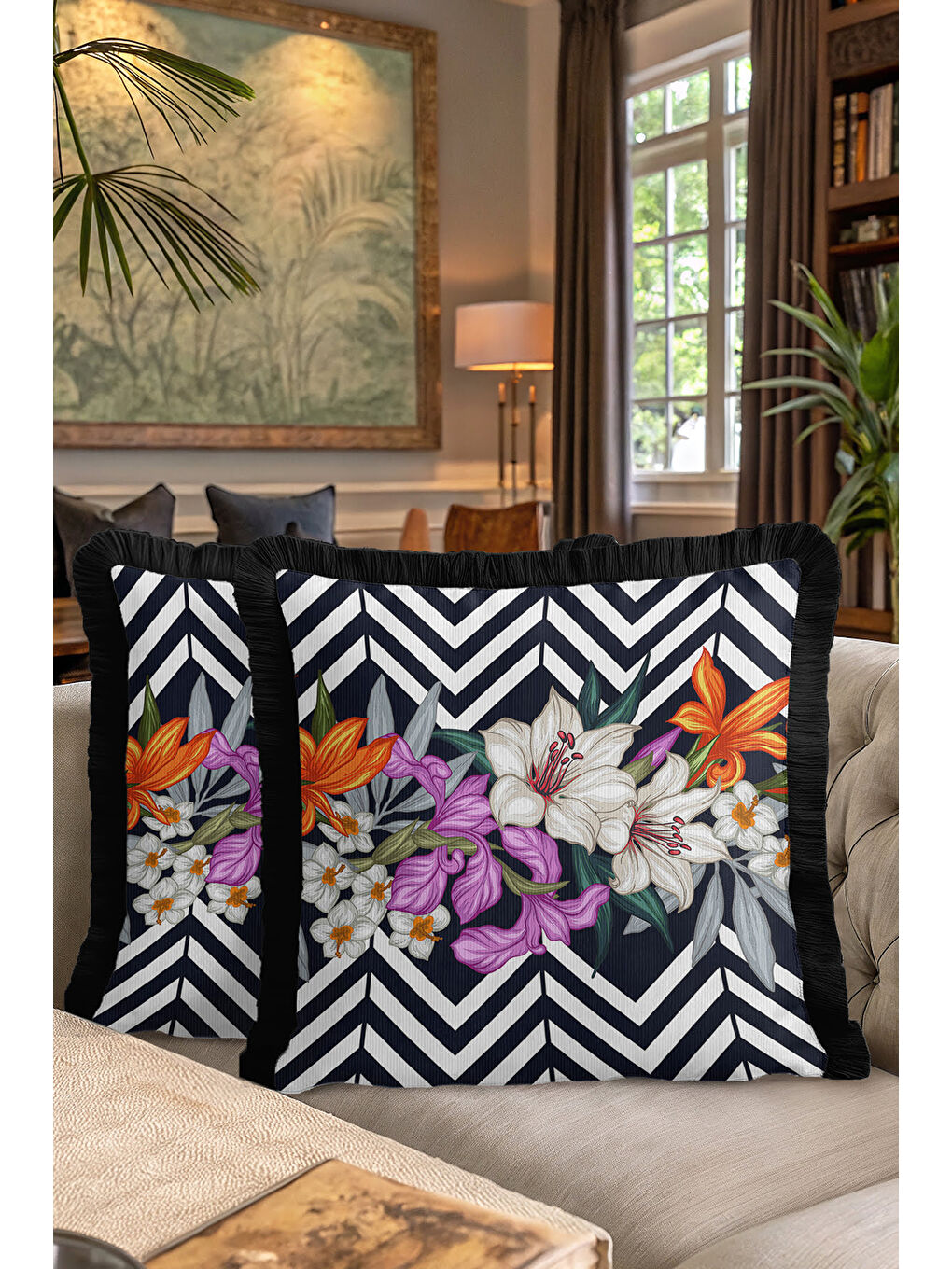 Karışık Lüks Çizgili Saçaklı Yastık Kılıfı - Çiçek Bahçesi Modern Siyah Püsküllü Kırlent Kılıfı-7