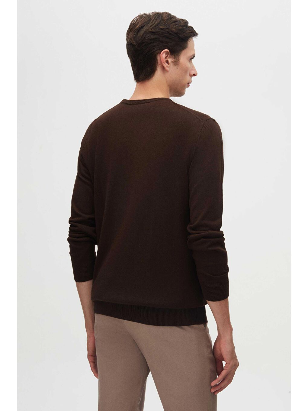 Regular Fit Kahverengi Tüylenme Yapmayan Bisiklet Yaka Pamuklu Triko Kazak-2