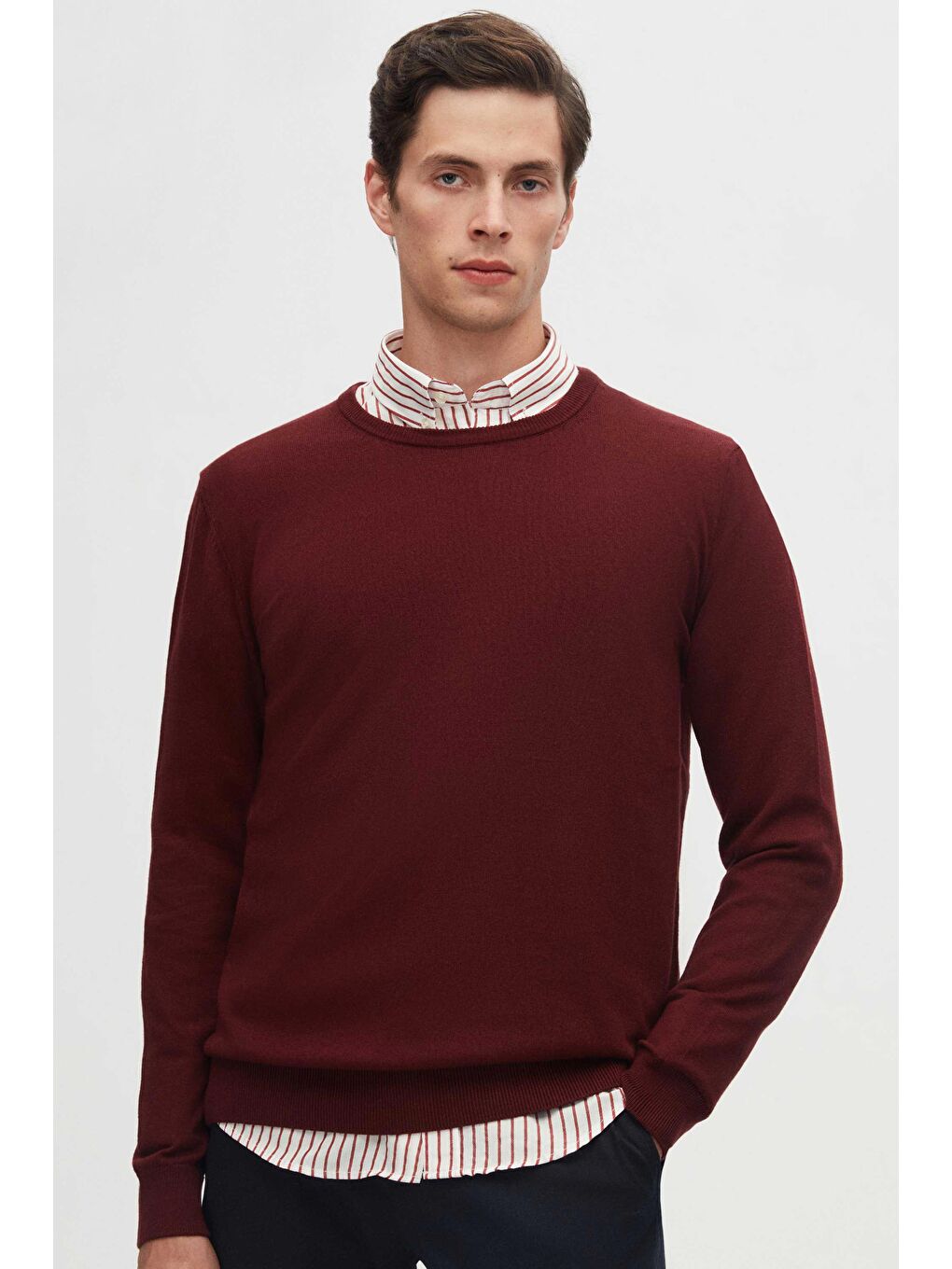 Regular Fit Bordo Tüylenme Yapmayan Bisiklet Yaka Pamuklu Triko Kazak