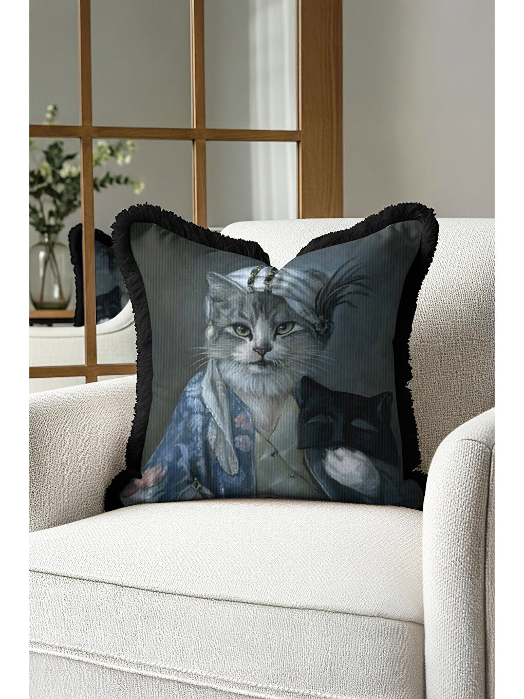 Karışık Saray Stili Saçaklı Yastık Kılıfı - Vintage Nostaljik Lacivert Siyah Püsküllü Kırlent Kılıfı