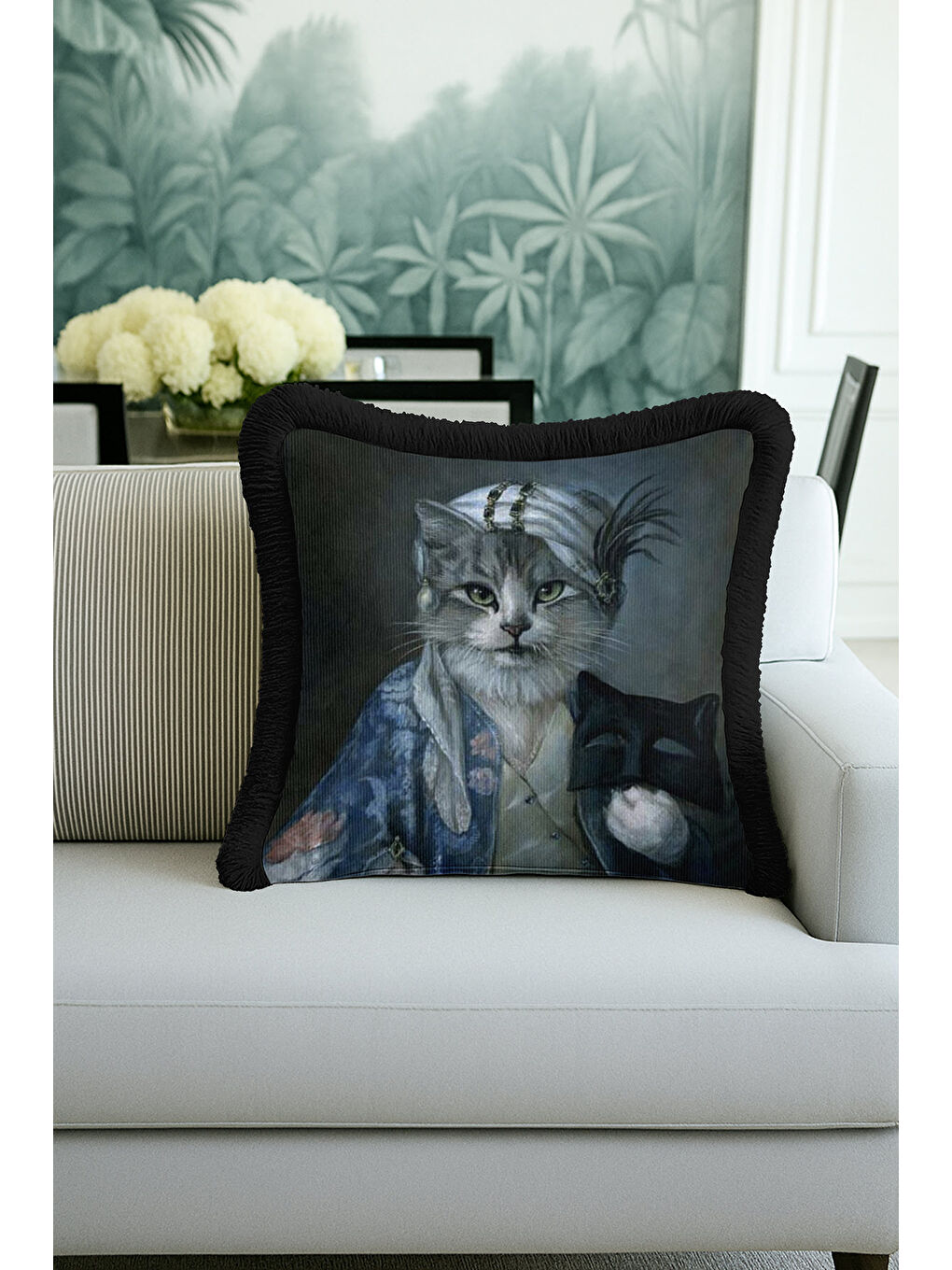 Karışık Saray Stili Saçaklı Yastık Kılıfı - Vintage Nostaljik Lacivert Siyah Püsküllü Kırlent Kılıfı-1